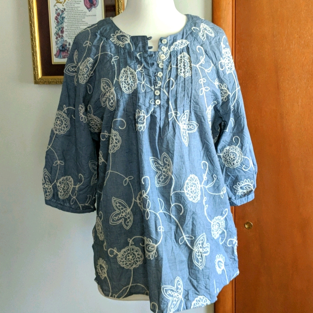 CJ Banks X blue chambray embroidered tunic